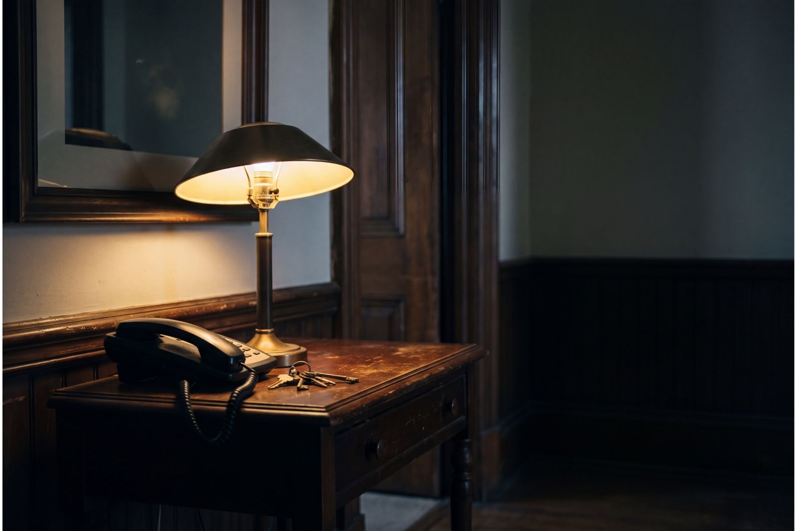 A telephone in its cradle on a hall table, lamplit