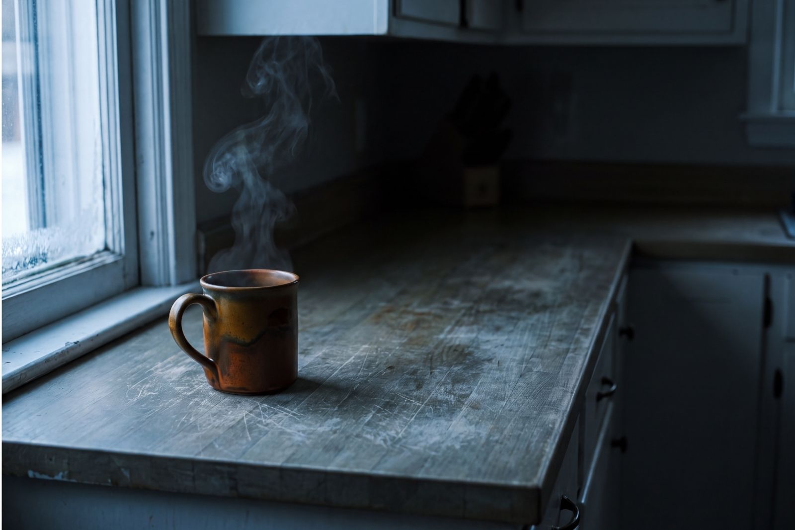 A steaming mug on a kitchen counter at first light