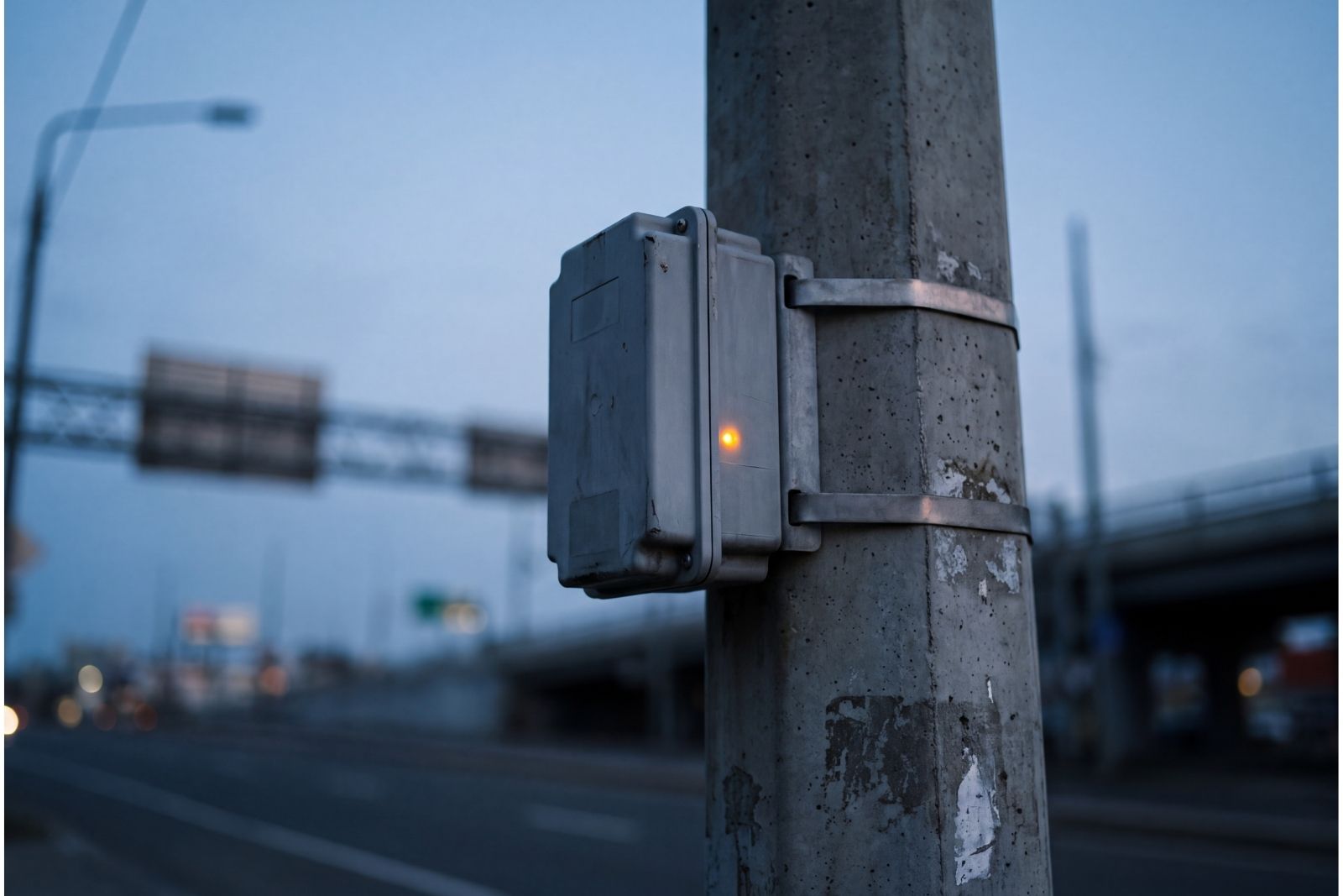 A small municipal sensor on a lamppost at dusk