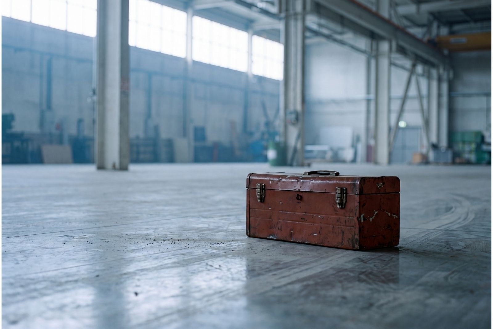A worn toolbox alone on a warehouse floor